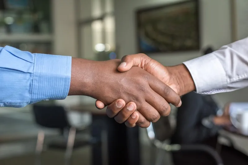 Business professionals shaking hands in a meeting